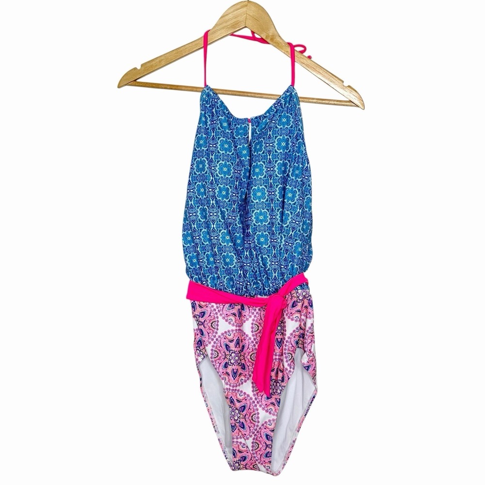 Nicole Miller One Piece Swimsuit Womens Size L Boho Halter Colorful Tropical